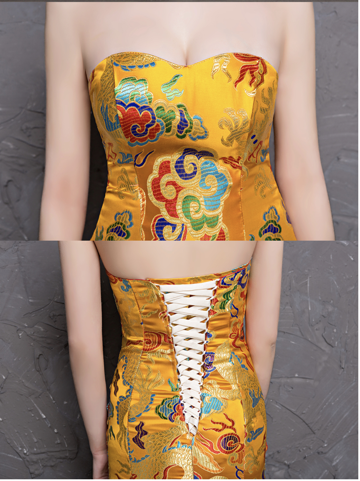 กี่เพ้ายาวเกาะอกสีทอง LX99 สินค้าพร้อมส่ง