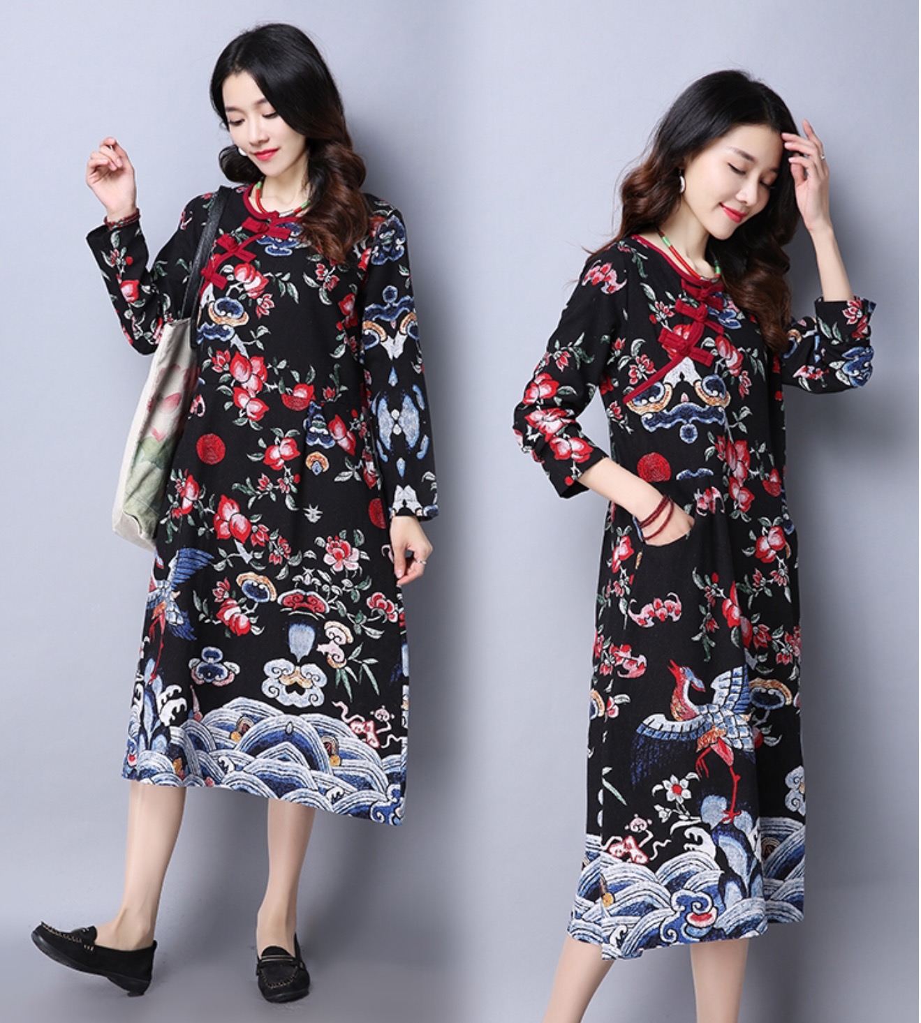 กี่เพ้ายาว สีดำลายพิรหัส BK 46 สินค้าพร้อมส่ง