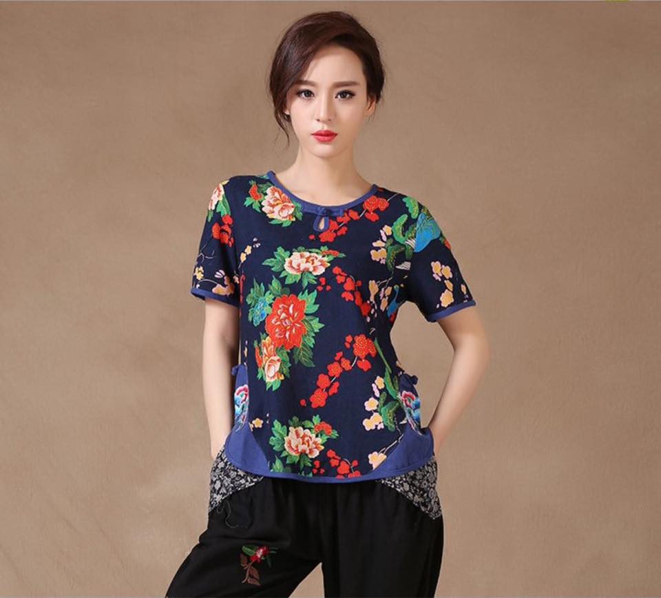เสื้อจีน สีน้ำเงินลายดอก F138