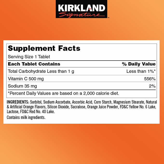 Kirkland Vitamin C 500mg 500เม็ด Chewable รสส้ม อมเคี้ยว เด็กกินได้ ผู้ใหญ่กินดีค่ะ หมดอายุ 06/2027
