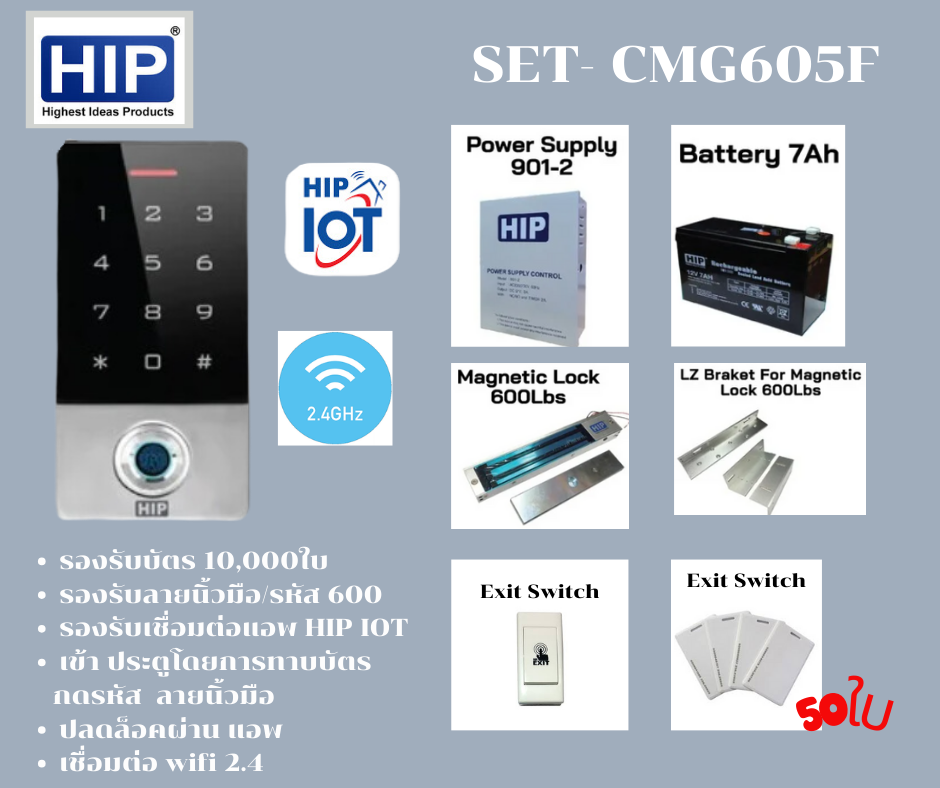 (ชุดติดตั้งเอง) ชุดเซ็ต Access Control เข้า-ออก ประตู ทาบบัตร กดรหัสผ่าน HIP CMG- 605F ใช้งานผ่านแอพ HIP IOT เชื่อมต่อผ่าน wifi 2.4GHZ จ-ำนวนบัตร 10000 ใบ