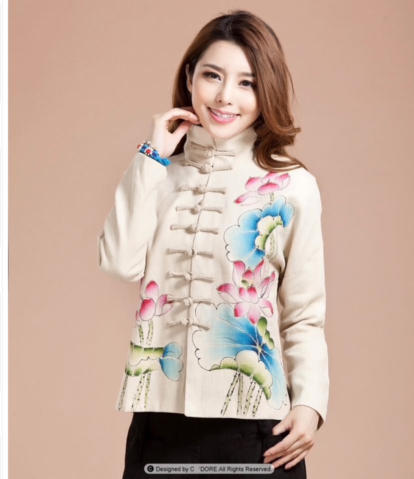 เสื้อจีนผู้หญิงสีครีมลายดอกบัว S166