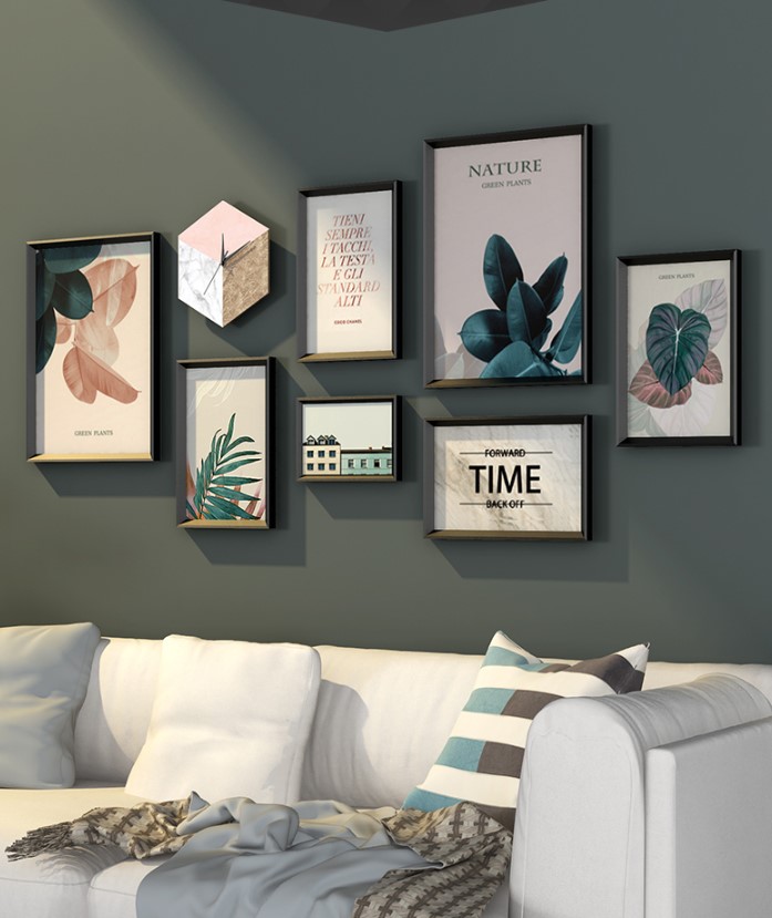 ชุดรูปกรอบลอย Nature (Pink Green)+นาฬิกา ภาพกรอบลอยมีขอบ(สีดำ) 7 ชิ้น + นาฬิกา พร้อมวัสดุติดตั้ง