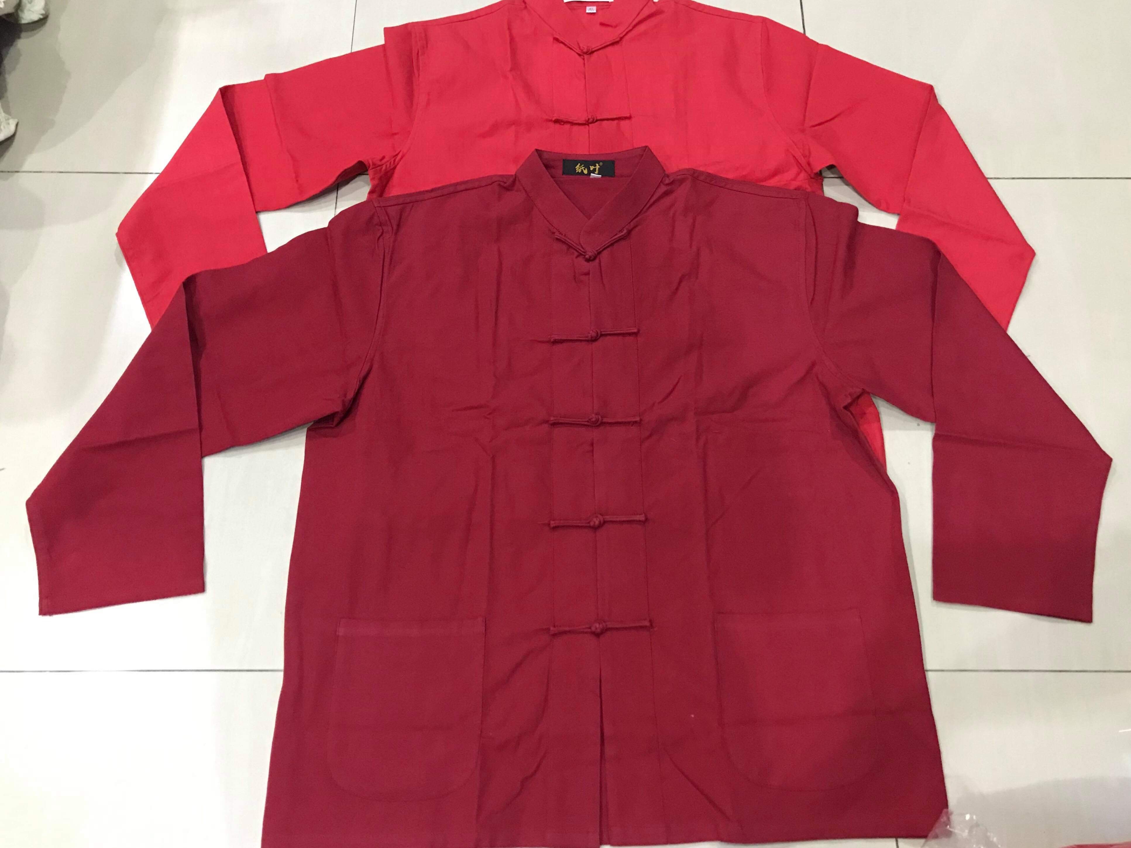 เสื้อจีนชาย ผ้าฝ้ายผสมลินิน สีแดงเข้ม รหัส SIX39 สินคัาพร้อมส่ง
