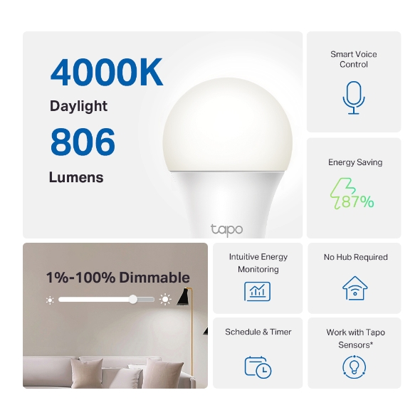Tapo L520E Smart WiFi Light Bulb, Daylight & Dimmable