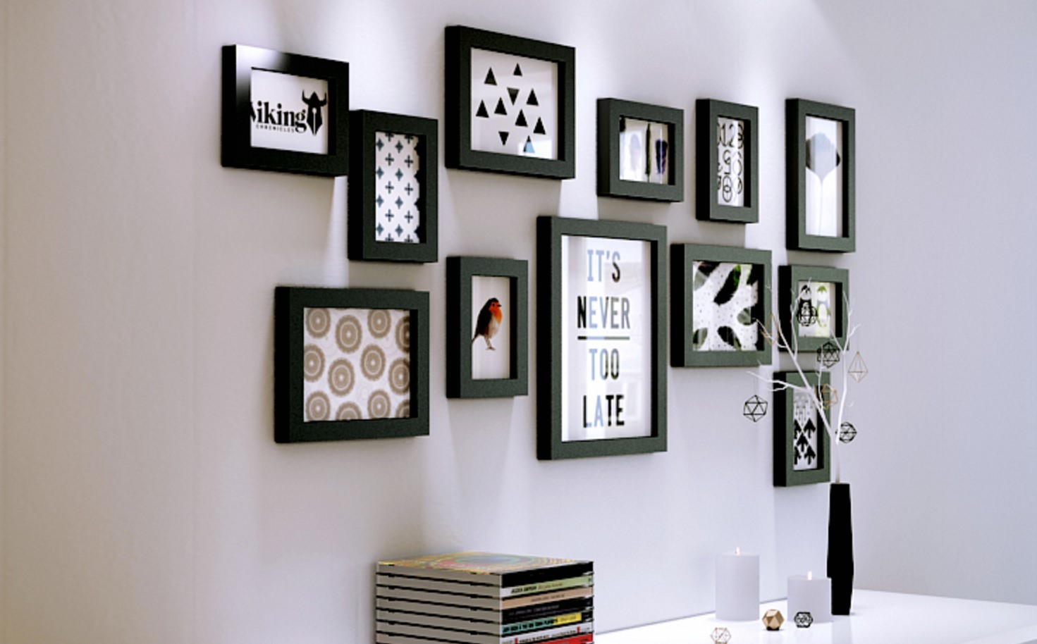 ชุดกรอบรูปติดผนัง Black 12 กรอบรูปไม้สีดำ 12 ชิ้น พร้อมรูปภาพตามแบบและวัสดุติดตั้ง