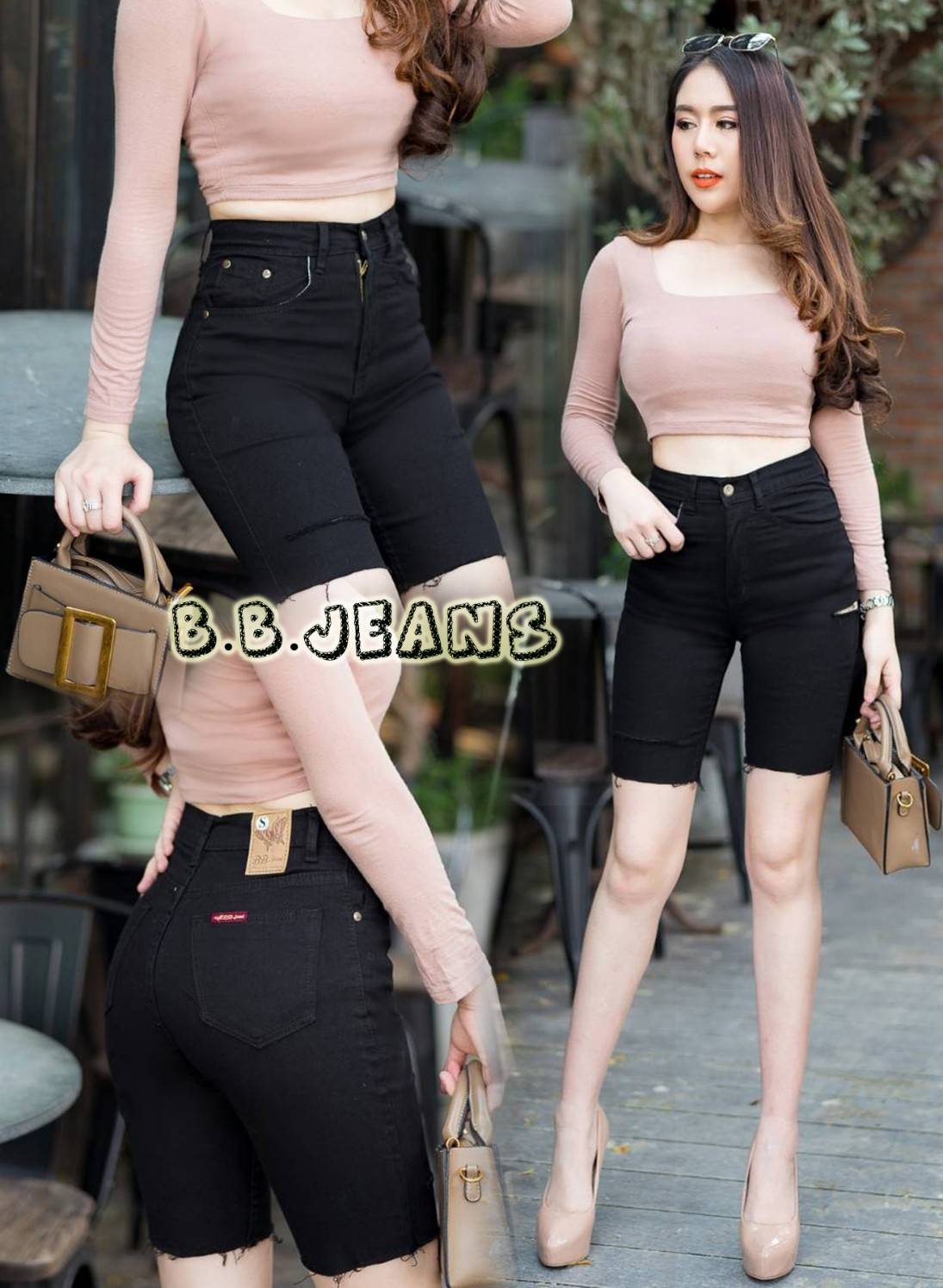 กางเกงยีนส์ 3 ส่วน สีดำ ปาดข้าง-BB04