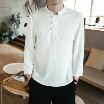 เสื้อผู้ชาย ผ้าลินิน แขนยาว สีขาว รหัส FO 67 สินค้าพร้อมส่ง