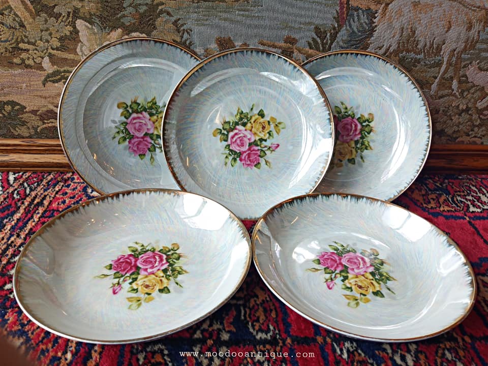 ชามเคลือบมุก ลายดอกกุหลาบ ขอบทอง 5 ใบ ขายยกชุด