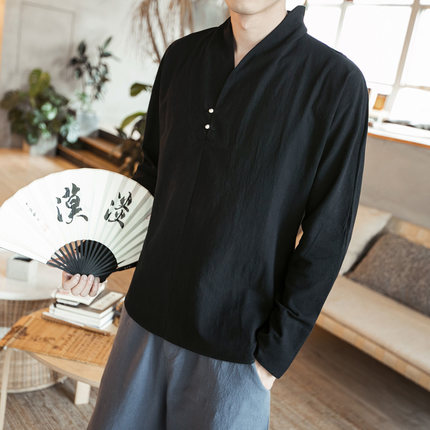 เสื้อจีนชาย ผ้าฝ้าย สีดำ คอป้าย รหัส A79 สินค้าพร้อมส่ง