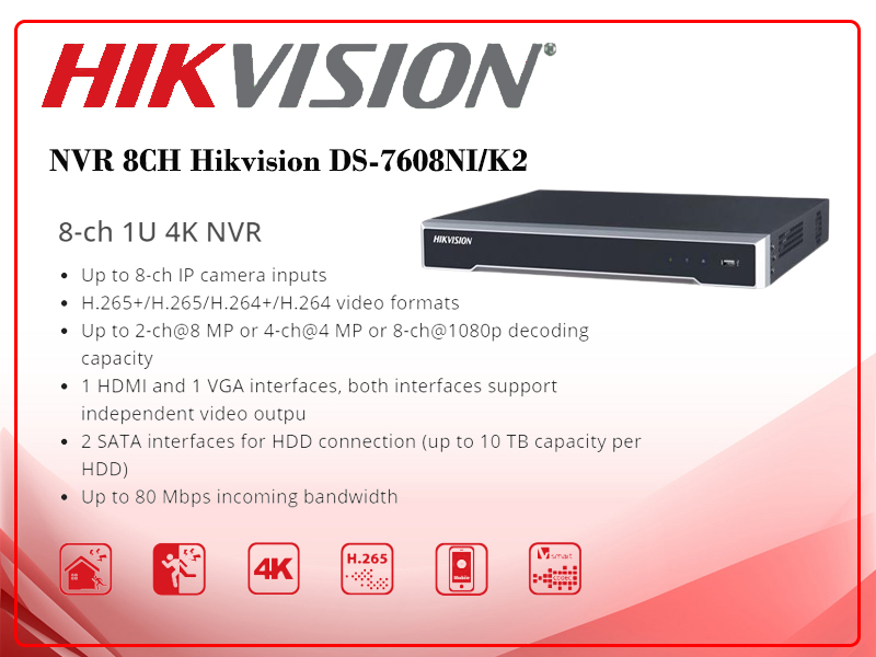 เครื่องบันทึก HIKVISION NVR รุ่น DS-7608NI-K2 DS-7608NI/K2 จำนวน 8 ช่อง