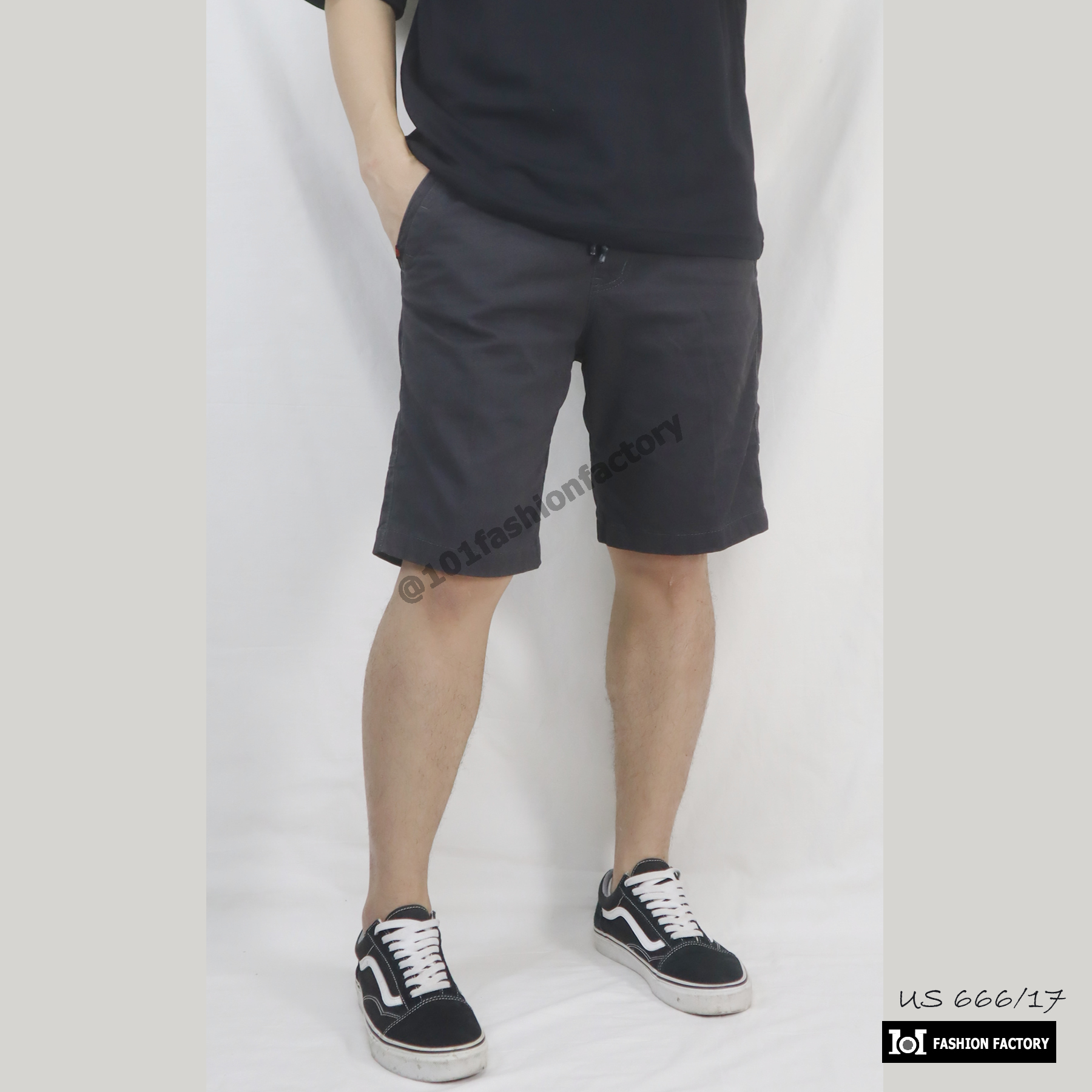 กางเกงเอวยางNo.666/17ขาสั้นพ้อมเชือกปรับขนาด ผ้ายืดพอดีเข่า สีเทา | US101