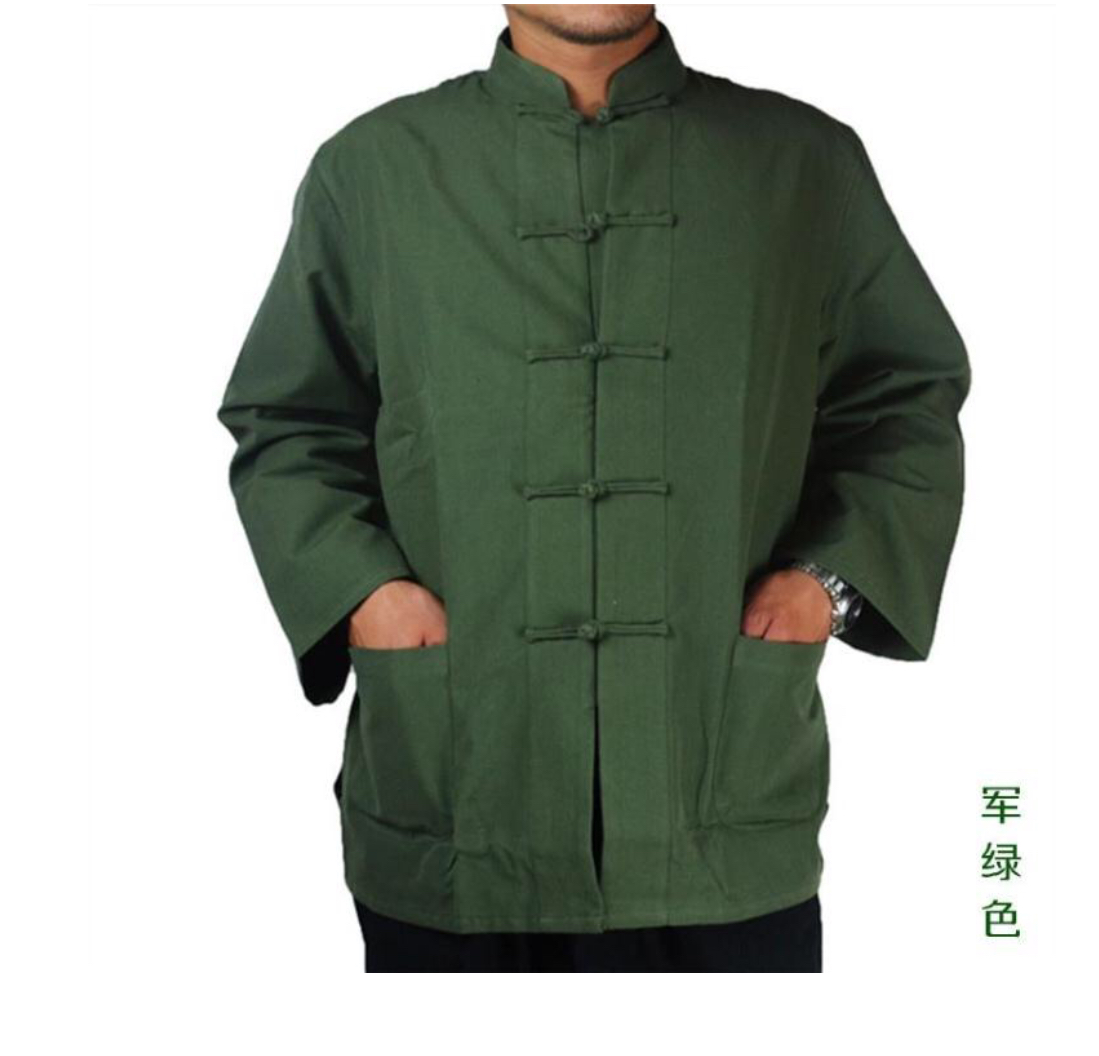 เสื้อจีนชายผ้าฝ้ายผสมผ้าลินิน. สีเขียวขี้ม้า รหัส SIX39. สินค้าพร้อมส่ง
