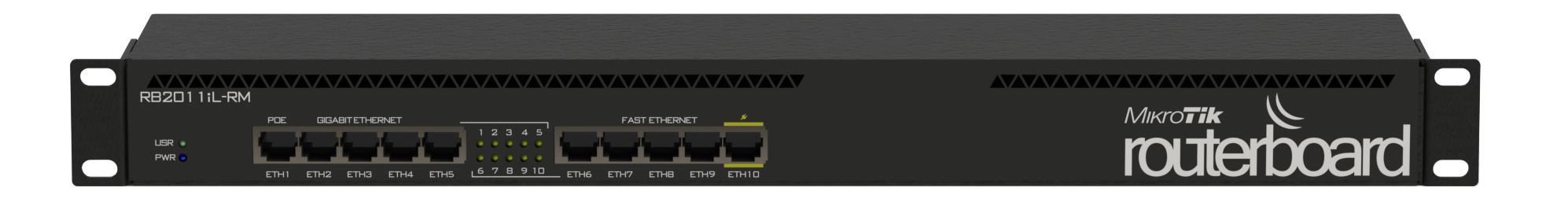 Mikrotik Routers RB2011iL-RM Desktop metal case, 5xEthernet, 5xGigabit Ethernet, PoE out on port 10, 600MHz CPU, 64MB RAM, RouterOS L4