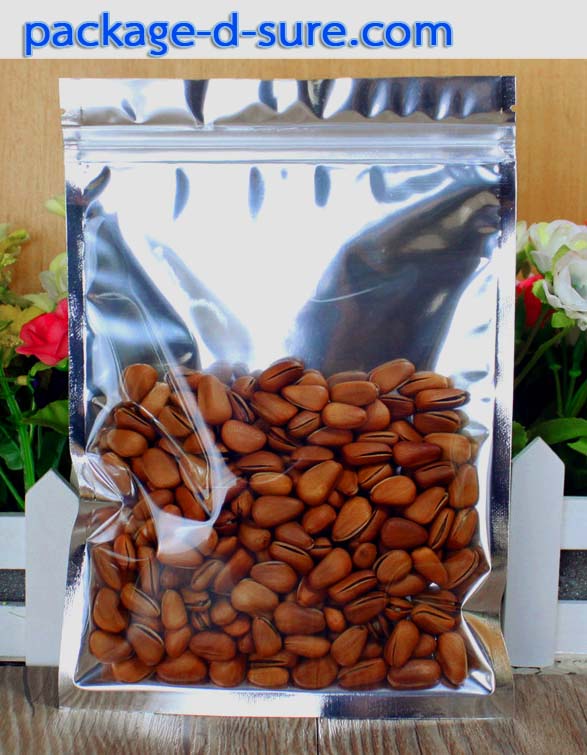 ถุงพลาสติกไม่ตั้ง มีซิป หน้าใส หลังเงิน แพ็ค 45 ใบ