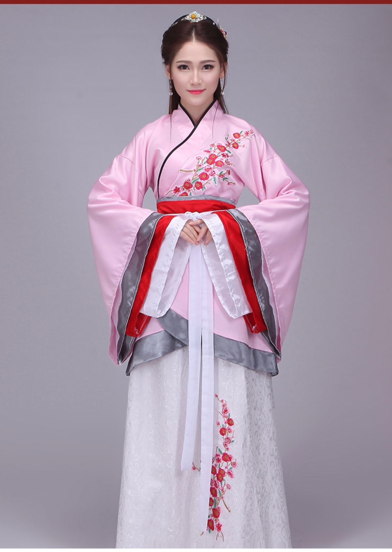 ชุดจีนสตรีฮั่นโบราณ สีขาว-ชมพู ลายปักดอกไม้ รหัส VP95 สินค้าพร้อมส่ง