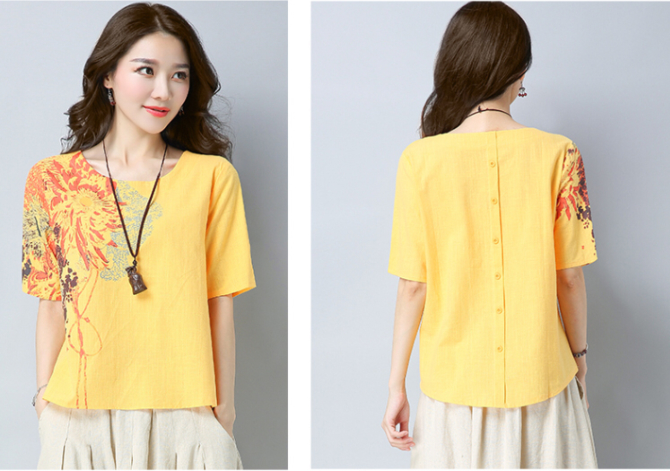 เสื้อผ้าฝ้าย แบบสวมหัว สีเหลืองลายสกรีน รหัส HM 28สินค้าพร้อมส่ง