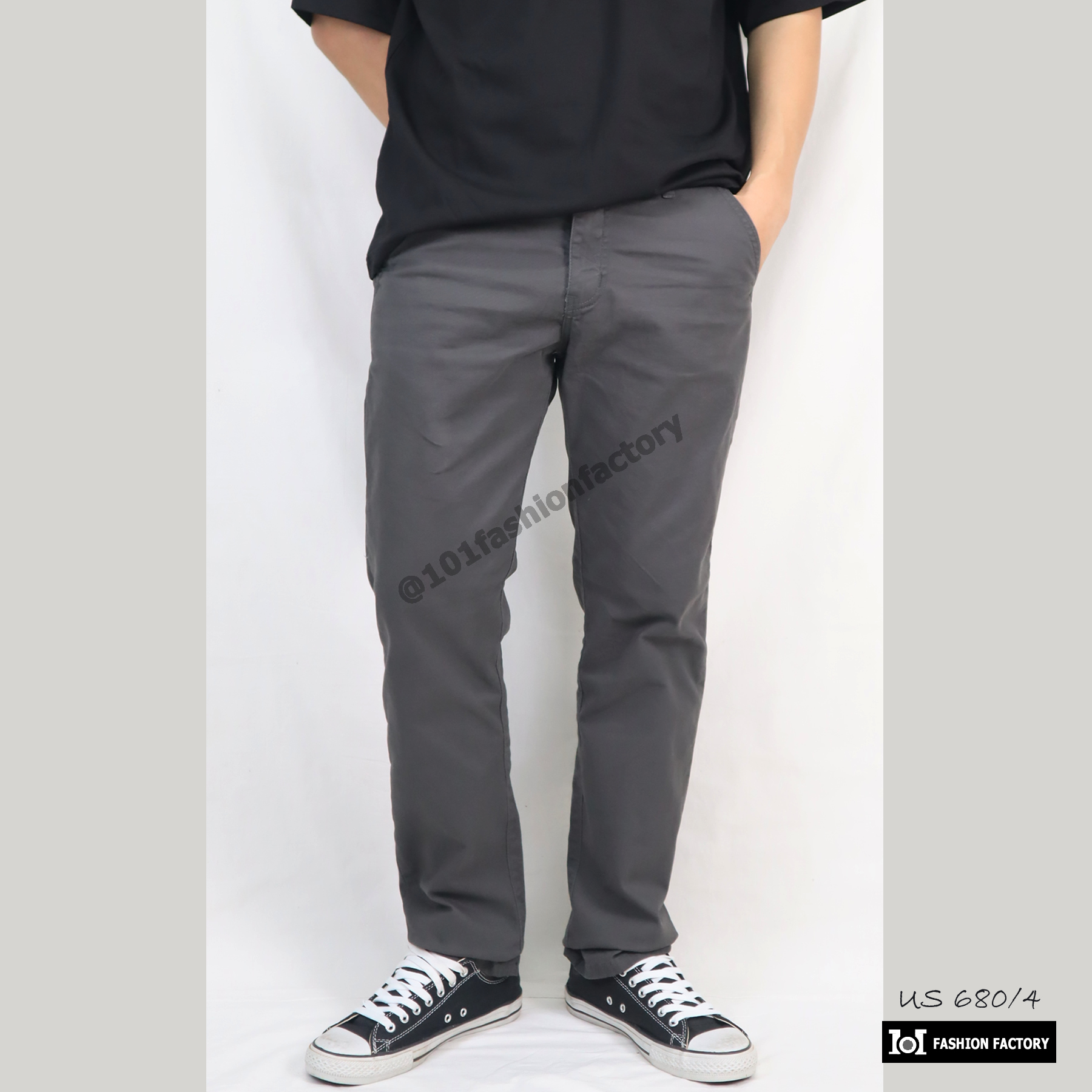 กางเกงขายาวเบสิค NO.680/4 ผ้ายืดทรงกระบอกเล็ก ทำงาน เที่ยว สีเทา | US101
