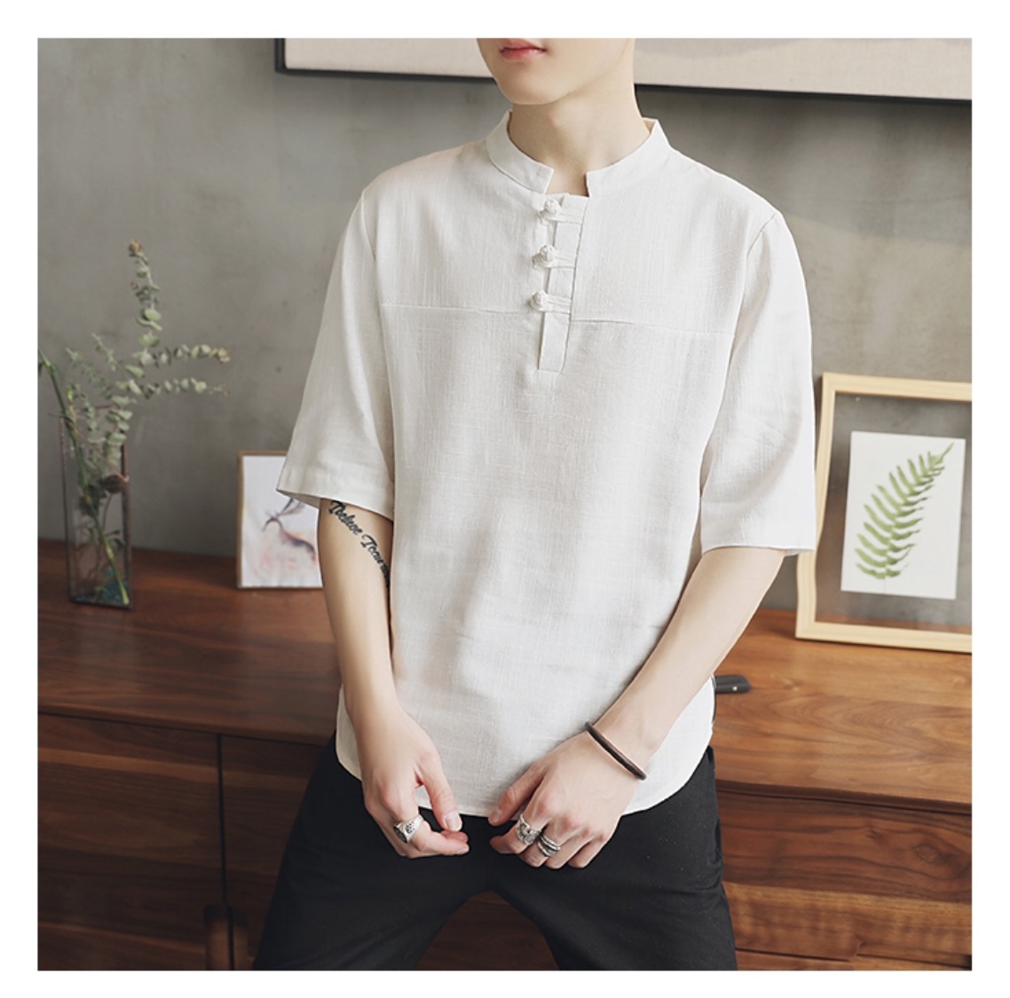 เสื้อผู้ชาย ผ้าลินิน สีขาว รหัส FO 74 สินค้าพร้อมส่ง