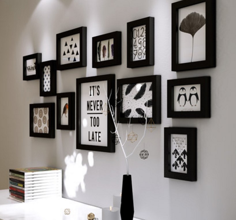 ชุดกรอบรูปติดผนัง Black 12 กรอบรูปไม้สีดำ 12 ชิ้น พร้อมรูปภาพตามแบบและวัสดุติดตั้ง