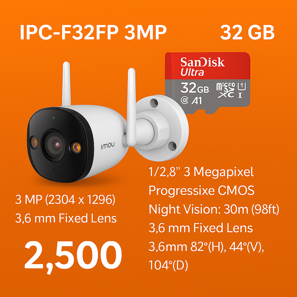 IMOU IPC-F32FP IMOU Bullet 2E 3MP กล้องวงจรปิด ภาพสี24ชม. มีไมค์ในตัว ฟังเสียงได้ ** พูดคุยโต้ตอบไม่ได้ + เมมโมรี่การ์ด 32GB พร้อมติดตั้ง