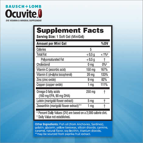 Ocuvite Adult 50+ 150 softgels จาก Bausch + Lomb วิตามินบำรุงตาสำหรับผู้ใหญ่อายุ 50 ปีขึ้นไป หมดอายุ 05/2026