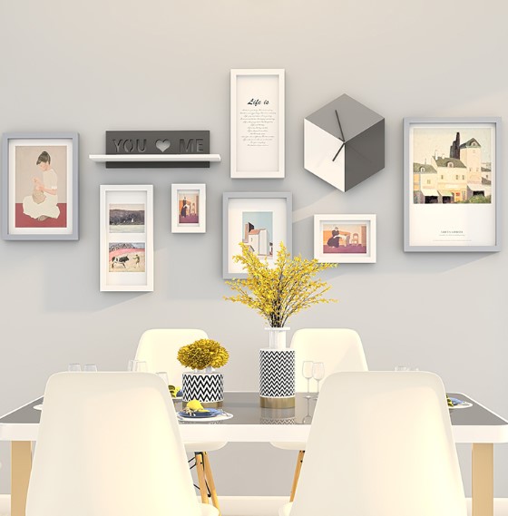 ชุดกรอบรูปติดผนัง French Art กรอบรูปไม้ 7 ชิ้น + นาฬิกา + ชั้นวาง พร้อมรูปภาพตามแบบและวัสดุติดตั้ง