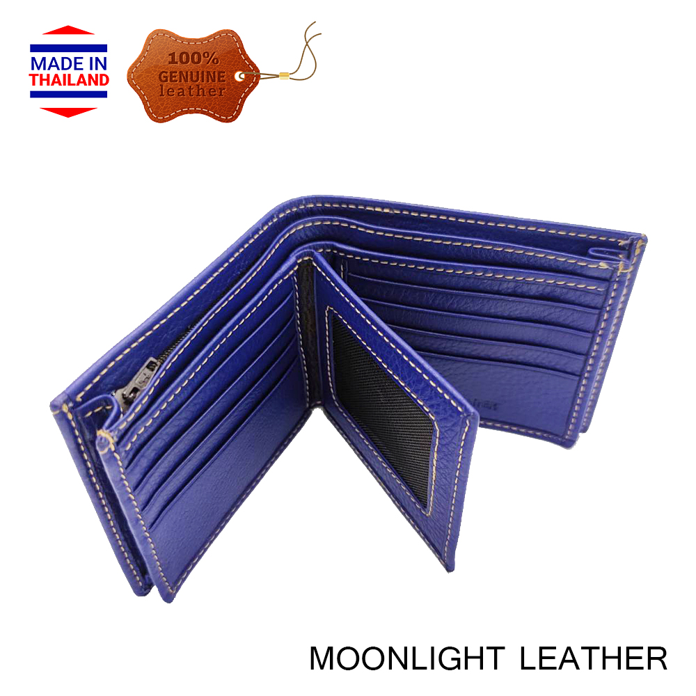 กระเป๋าสตางค์หนังแท้ สีน้ำเงิน เฮงๆ รับโชค ขอบกว้างใส่ตังค์ได้เป็นปึก ก้นไม่มีรู เงินทองไม่รั่วไหล มีกล่องเป็นของขวัญได้