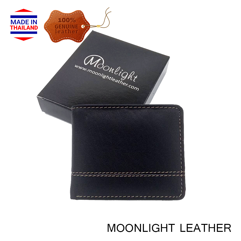 กระเป๋าสตางค์หนังวัวแท้ 100% ฝีมือไทย แบรนด์ MOONLIGHT ไซส์เล็กแต่ใส่แบงค์พันได้ สีดำ นิ่ม ทนทาน ไม่ลอกร่อน มีกล่องให้