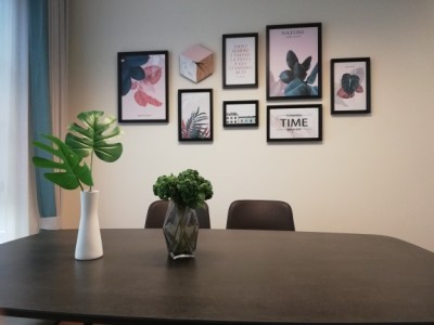 ชุดรูปกรอบลอย Nature (Pink Green)+นาฬิกา ภาพกรอบลอยมีขอบ(สีดำ) 7 ชิ้น + นาฬิกา พร้อมวัสดุติดตั้ง