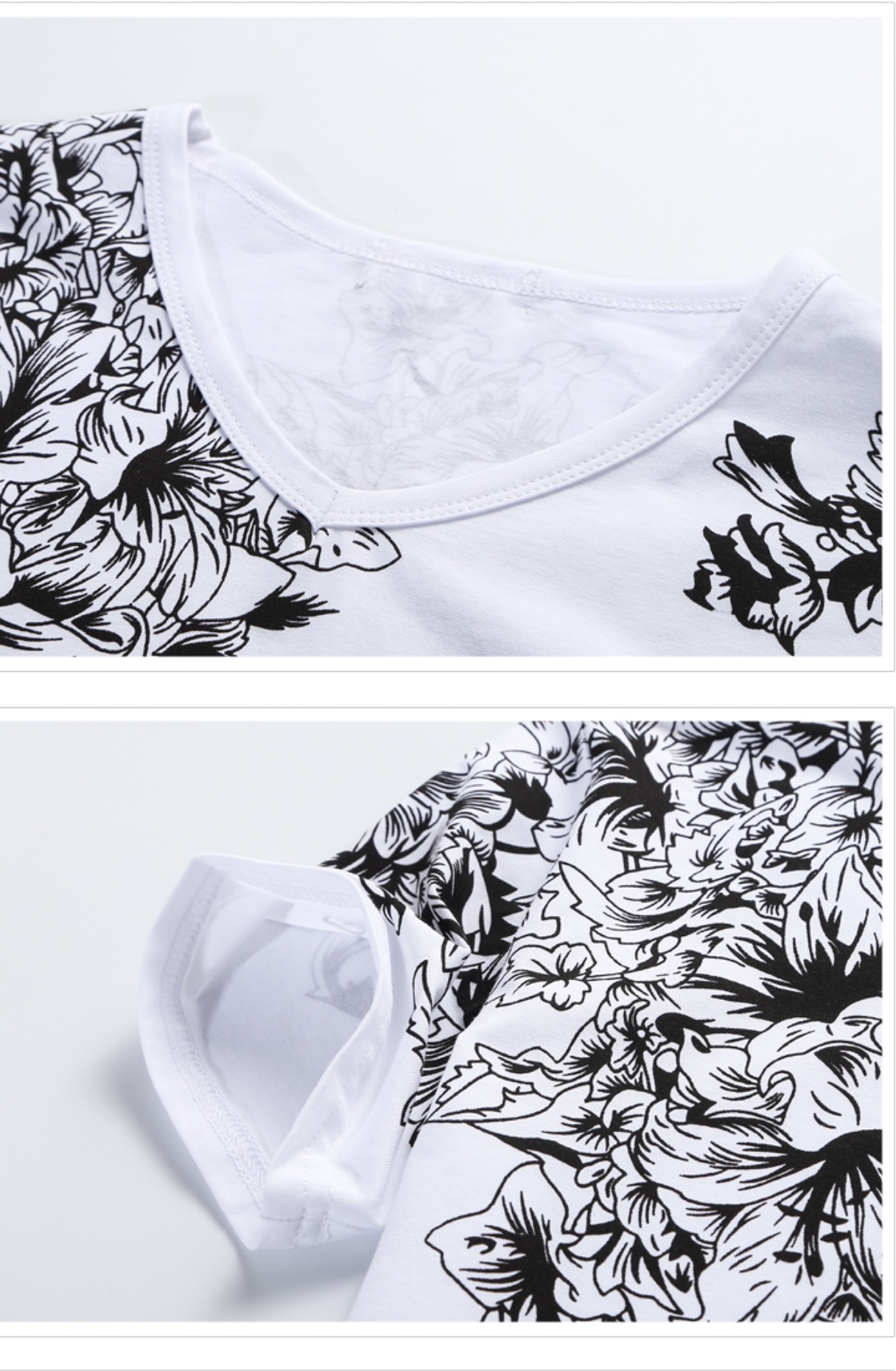 เสื้อผู้ชาย ผ้ายืด คอวี แขนยาวลายดอก สีขาวรหัส SL 75 สินค้าพร้อมส่ง