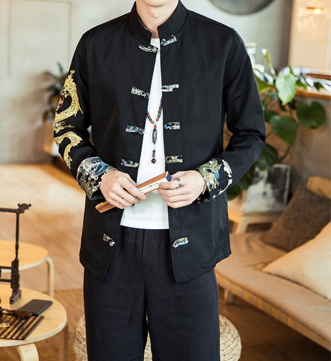 เสื้อจีนชายสีดำลายปักมังกรทอง รหัส JK130 สินค้าพร้อมส่ง