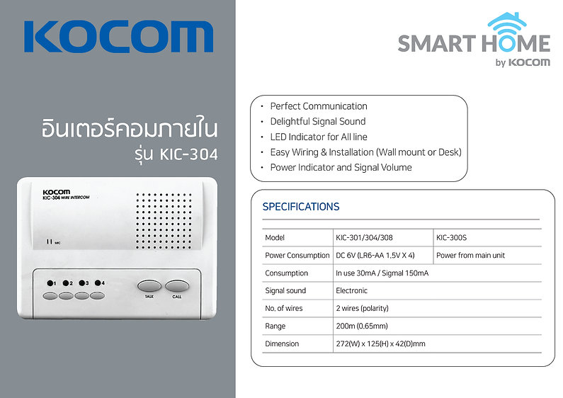 KOCOM INTERCOM รุ่น KIC-304 ตัวแม่ 4 จุด Main 4Ch