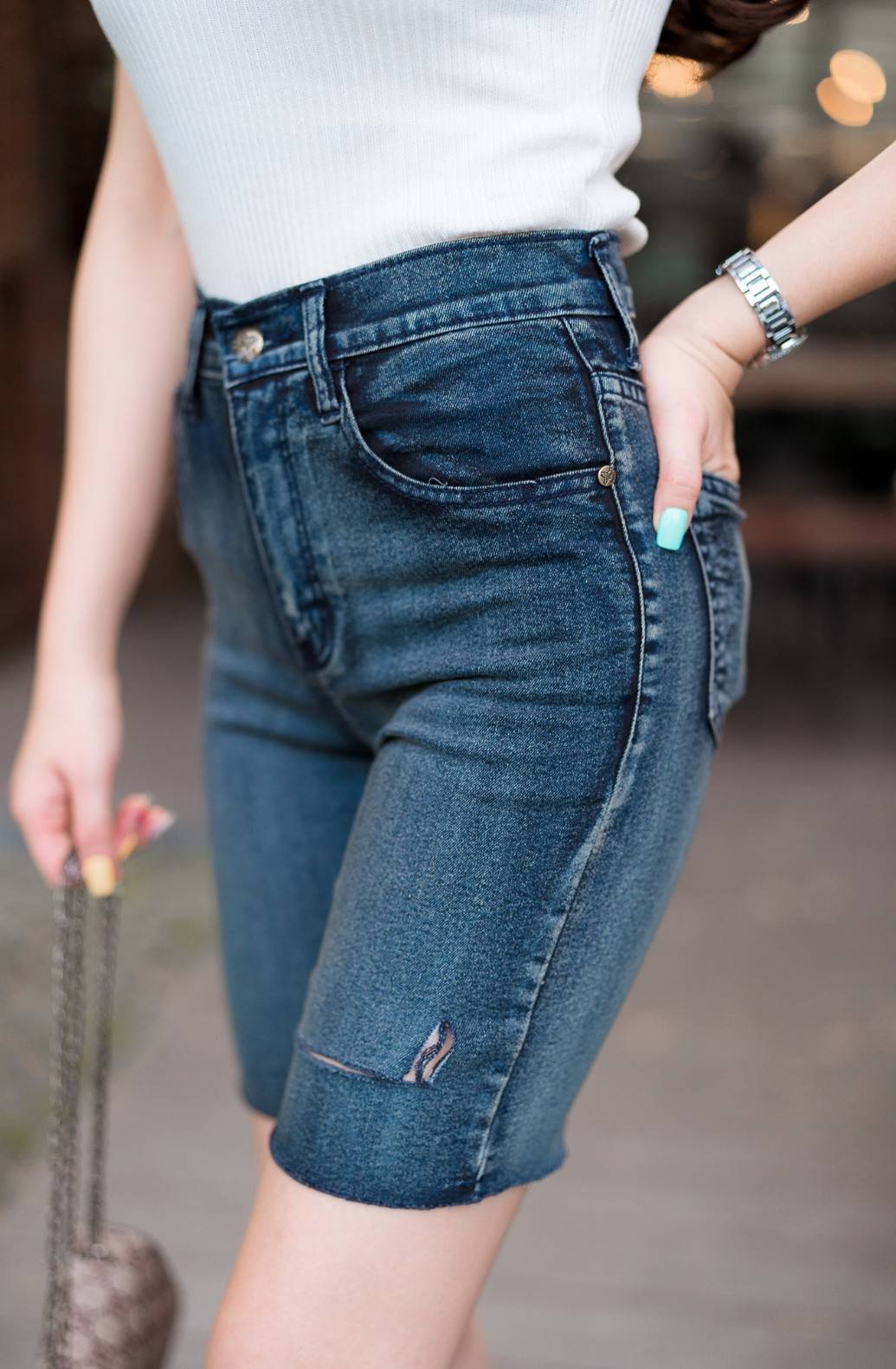 กางเกงยีนส์ 3 ส่วน สีดำ ปาดข้าง-BB09