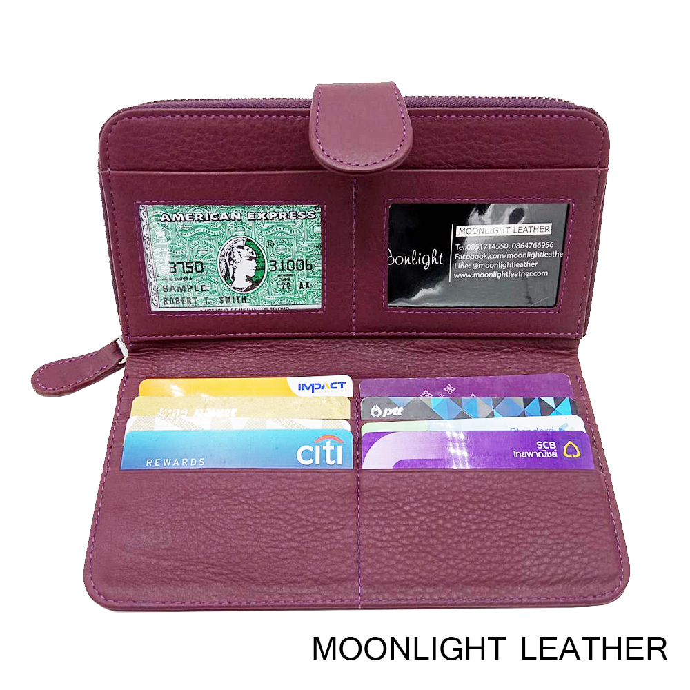 กระเป๋าสตางค์ผู้หญิง ใบยาวสวยงาม สีม่วง ทำจากหนังวัวแท้แสนนุ่ม ทนทาน โดนน้ำได้ ไม่ลอกร่อน พร้อมกล่องแบรนด์แท้