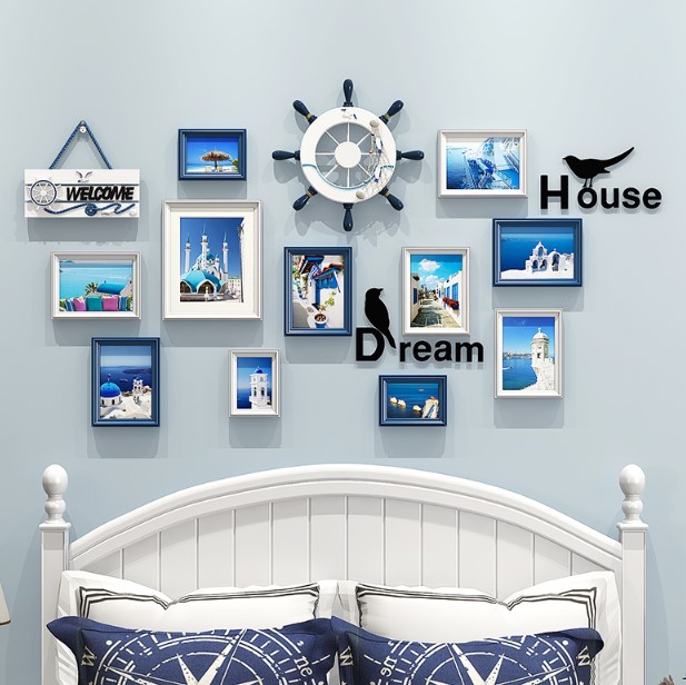 ชุดกรอบรูปติดผนังแนวทะเล Mediteranean Style 5 กรอบรูปไม้ 11 ชิ้น พร้อมภาพและของตกแต่งแนวทะเล