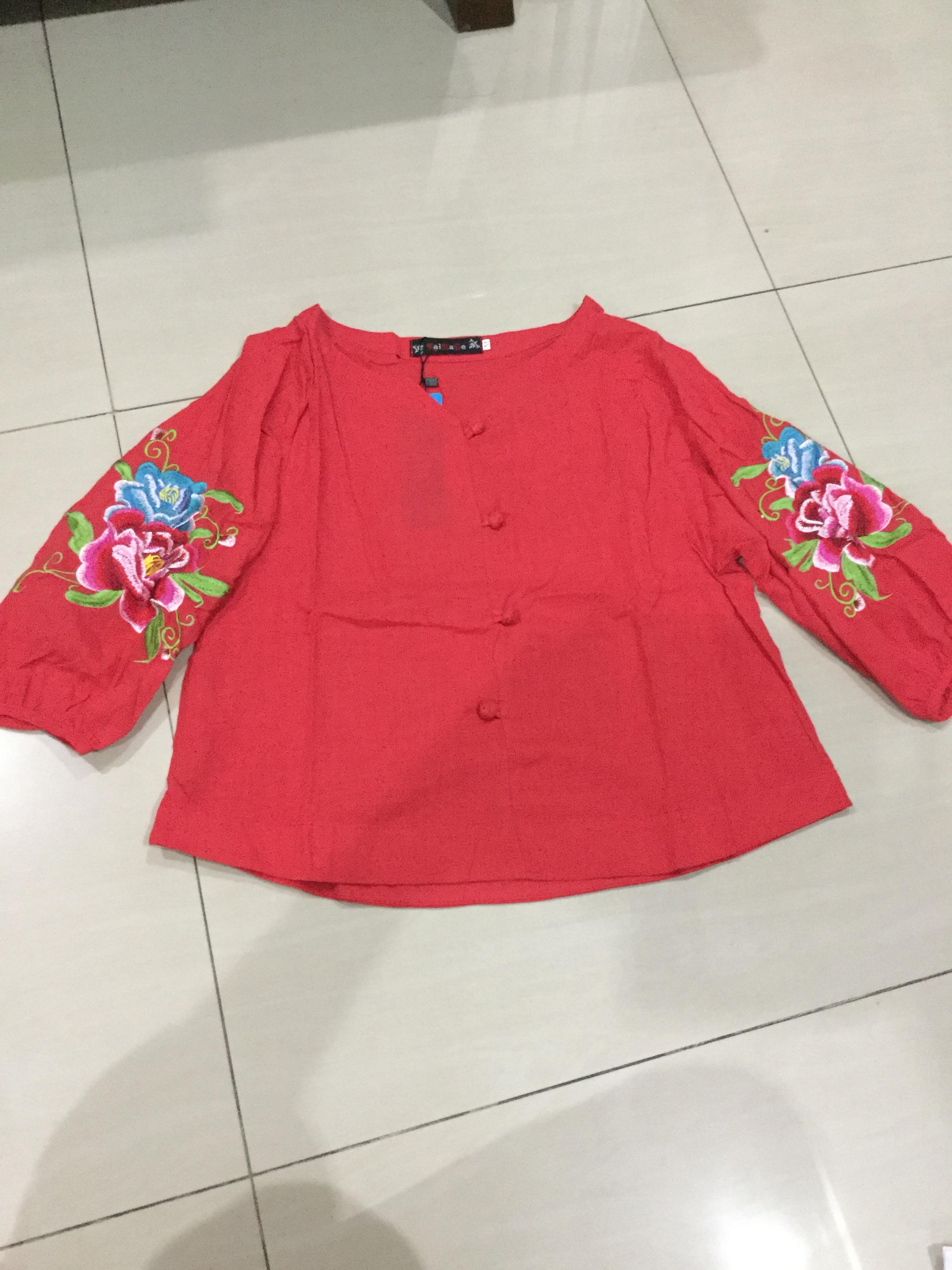 เสื้อผ้าลินิน สีแดงลายปัก รหัสRY 69