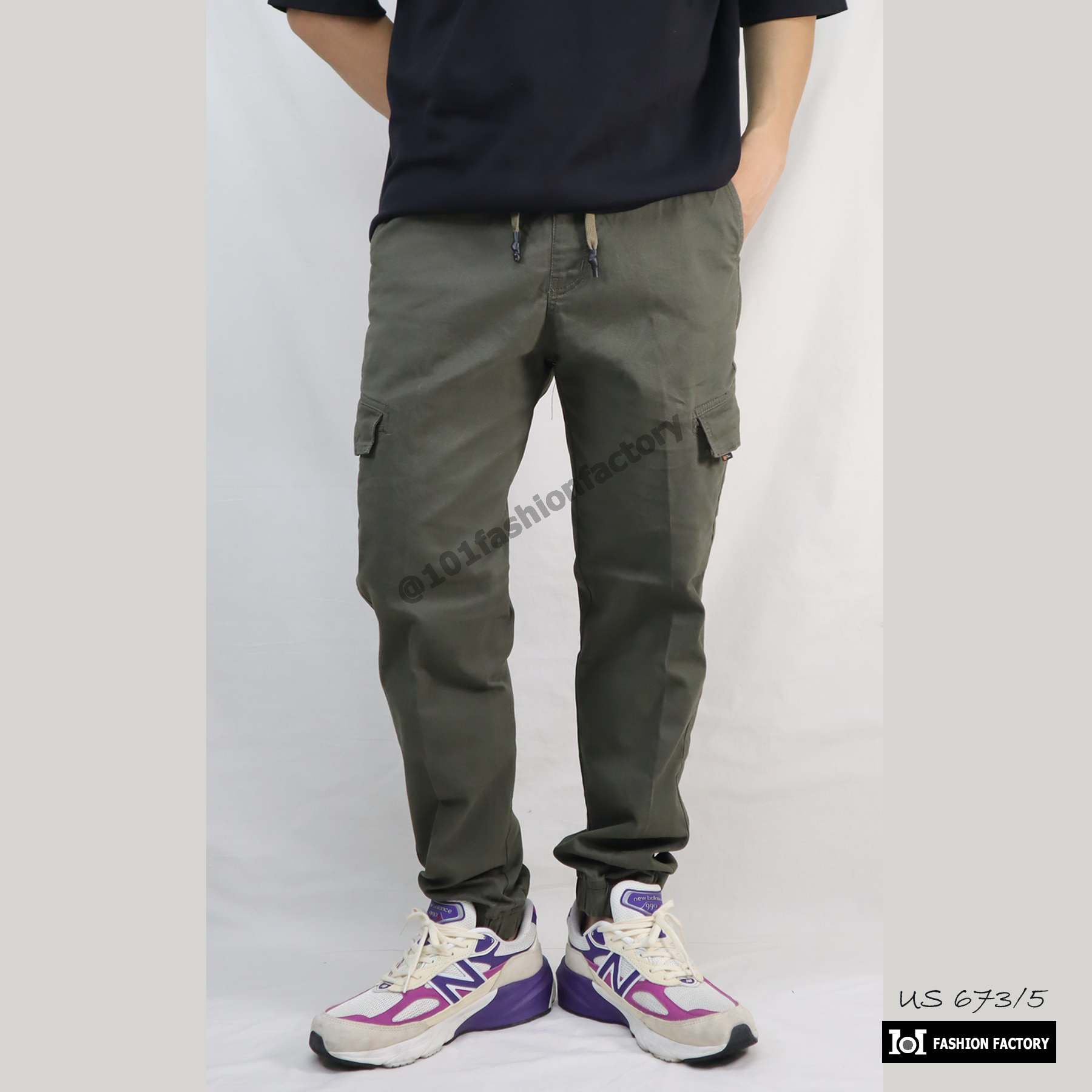 กางเกงจ็อกเกอร์คาร์โก้ No.673/5 Legular Fit เป๋าข้างผ้าทอแทยงยืด สีเขียว | US101