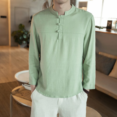 เสื้อผู้ชาย ผ้าลินิน แขนยาว สีเขียว รหัส FO 67 สินค้าพร้อมส่ง
