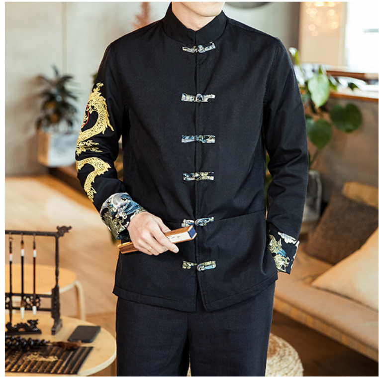 เสื้อจีนชายสีดำลายปักมังกรทอง รหัส JK130 สินค้าพร้อมส่ง