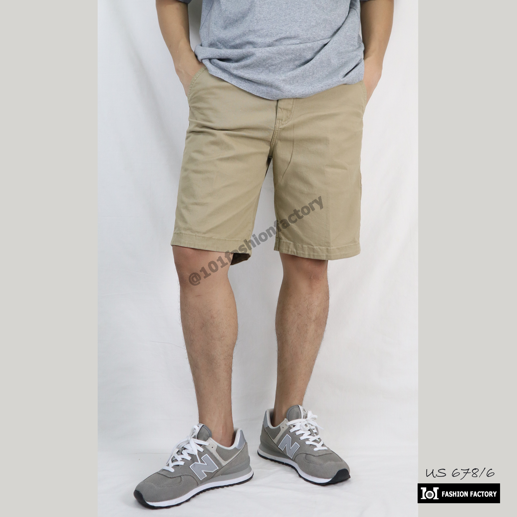 กางเกงขาสั้น No.678/6 แฟชั่นลำลองแบบเรียบๆ ผ้ายืดคอตตอน สีกากีอ่อน | US101