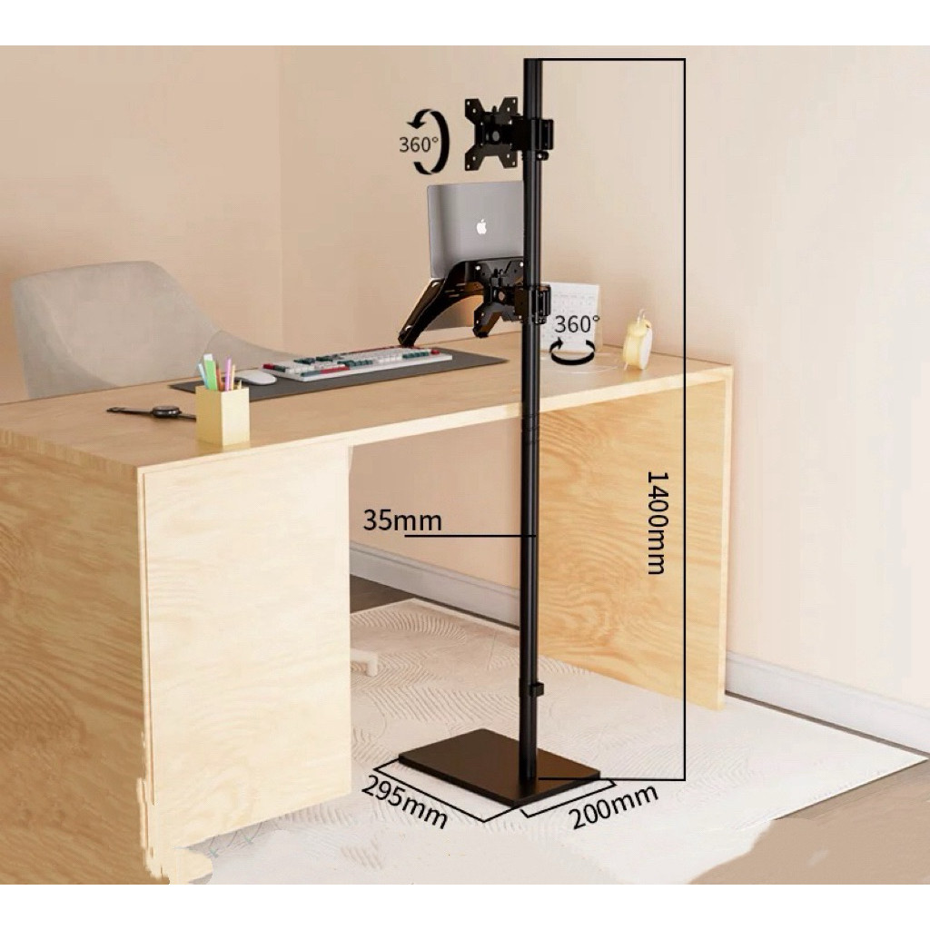 H1400+ถาด ขาตั้งจอคอม จอมอนิเตอร์ แบบตั้งพื้น2จอ แถมถาดวางโน๊ตบุ๊ค ปรับเปลี่ยนการใช้งานตามต้องการได้ มี2สี สีขาว/สีดำ