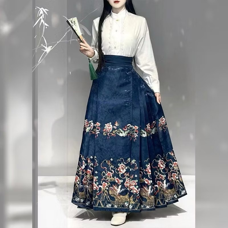 กระโปรงหม่าเมี่ยนยาว สีน้ำเงิน รหัส514