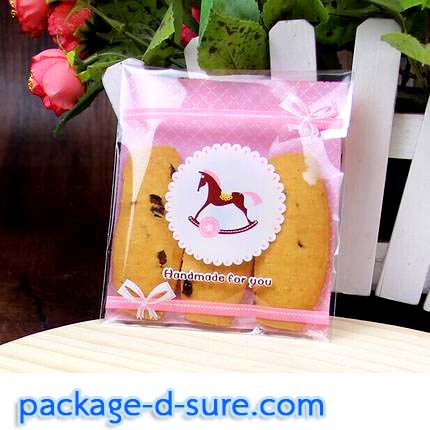 ล้างสต็อก//ถุงคุกกี้ แถบกาว 10x10 ลายม้าโยก Handmade for you พื้นชมพูอ่อน แพ็ค 100 ใบ