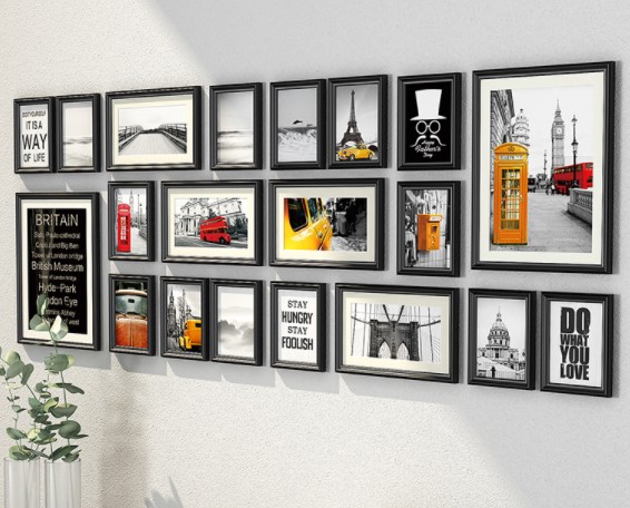 ชุดกรอบรูปติดผนัง London (Black20) กรอบรูปไม้สีดำ 20 ชิ้น พร้อมภาพตามแบบและวัสดุติดตั้ง
