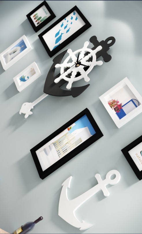 ชุดกรอบรูปติดผนัง Anchor Clock กรอบรูป 7 ชิ้น+สมอเรือ+นาฬิกาสมอเรือ พร้อมรูปภาพตามแบบและวัสดุติดตั้ง