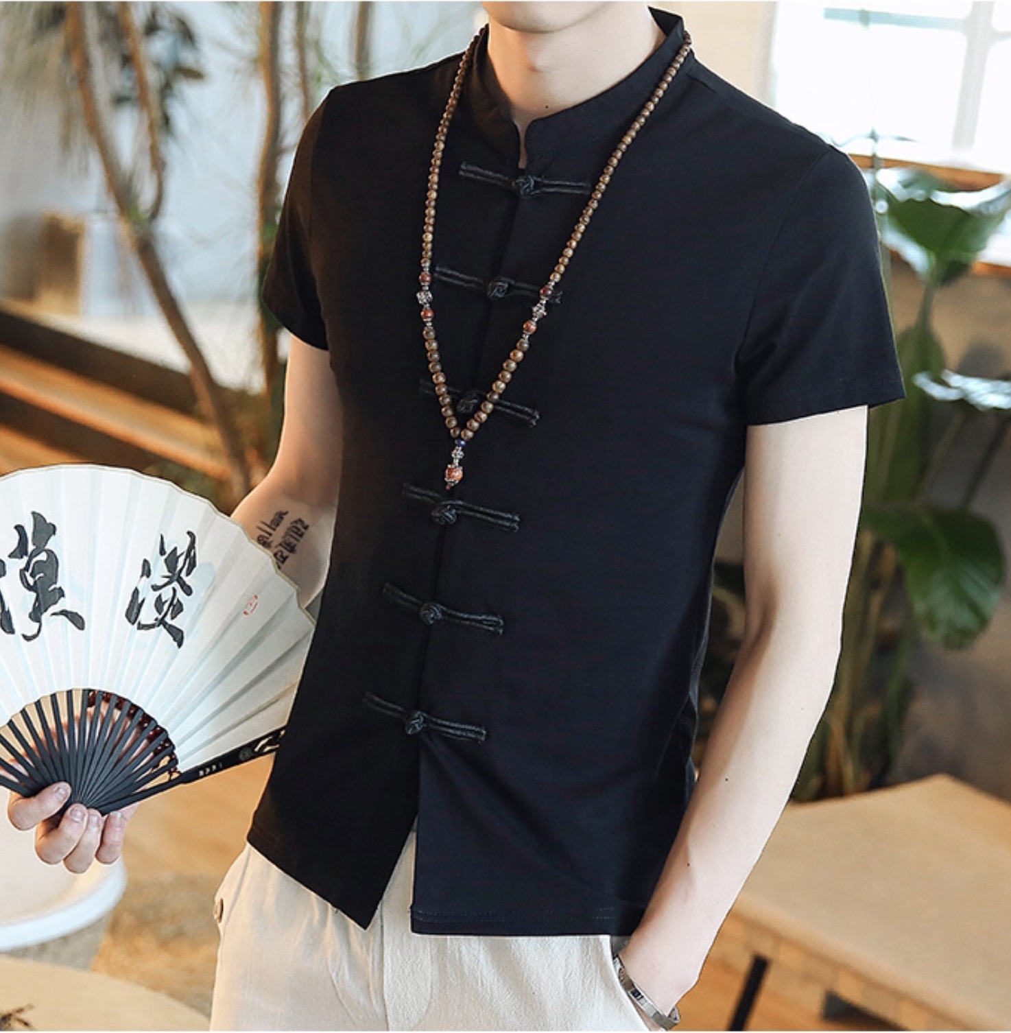 เสื้อผู้ชาย ผ้าฝ้าย+spandex+ยืดสีดำ รหัส SH 72 สินค้าพร้อมส่ง