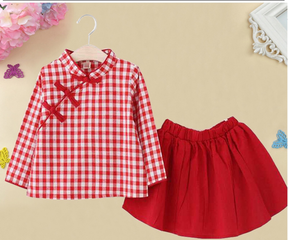 ชุดเสื้อลายสก๊อต +กระโปรง ผ้าฝ้าย สีแดง รหัส SC 58 สินค้าพร้อมส่ง