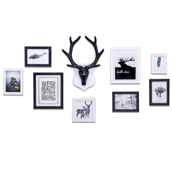 ชุดกรอบรูปติดผนัง Black Deer กรอบรูปไม้ 8 ชิ้น+หัวกวาง พร้อมรูปภาพตามแบบและวัสดุติดตั้ง