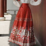 กระโปรงหม่าเมี่ยนยาว สีแดง ลายบ้าน+นก #258